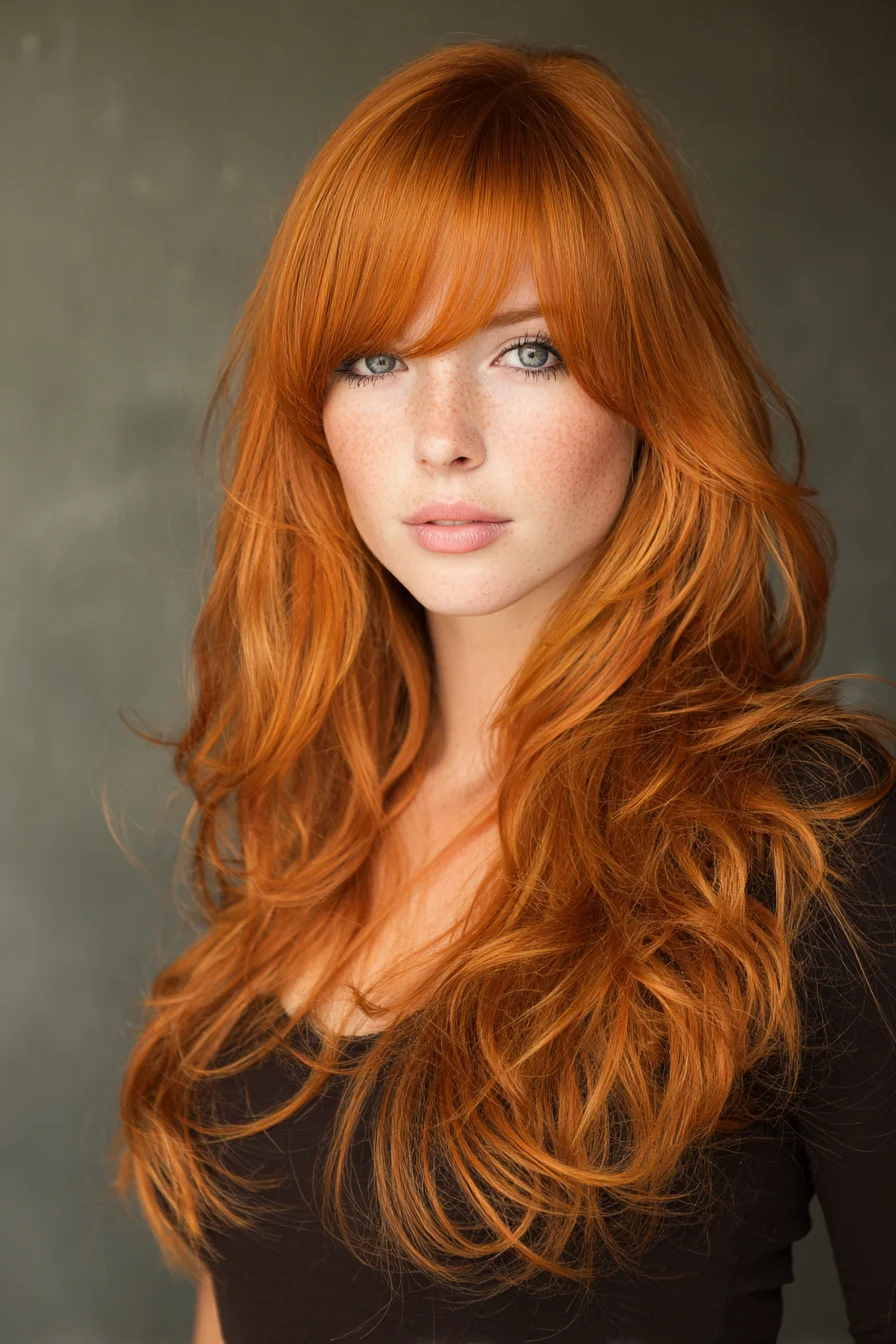 Long Layered Copper Red Hair with Soft Curtain Bangs