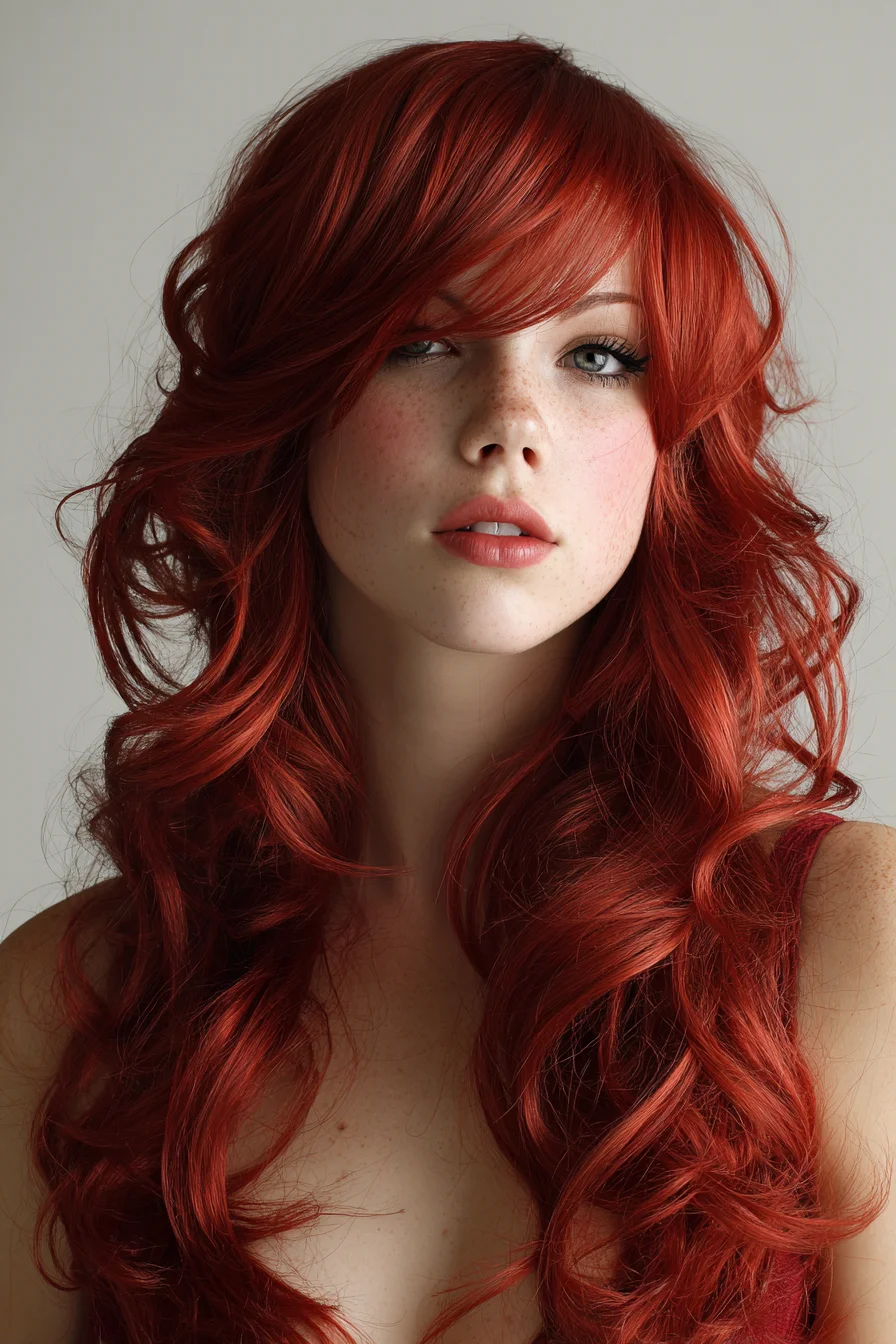 Long Layered Copper Waves with Curtain Bangs