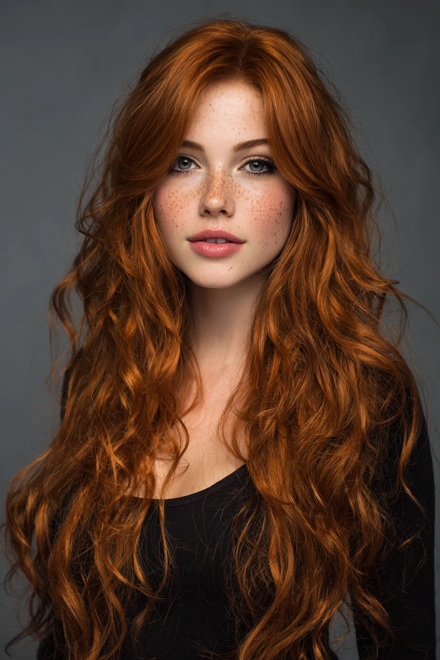 Long Layered Copper Waves with Face‑Framing Center Part