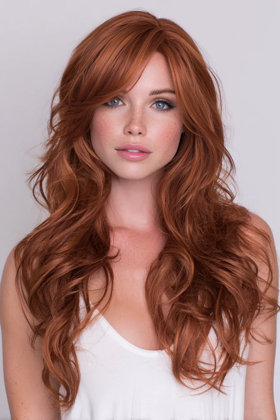Long Layered Copper Waves with Face-Framing Curtain Bangs
