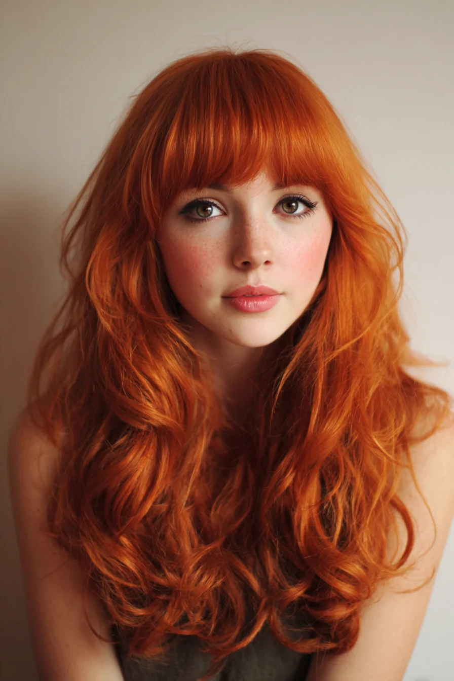Long Layered Copper Waves with Soft Blunt Fringe