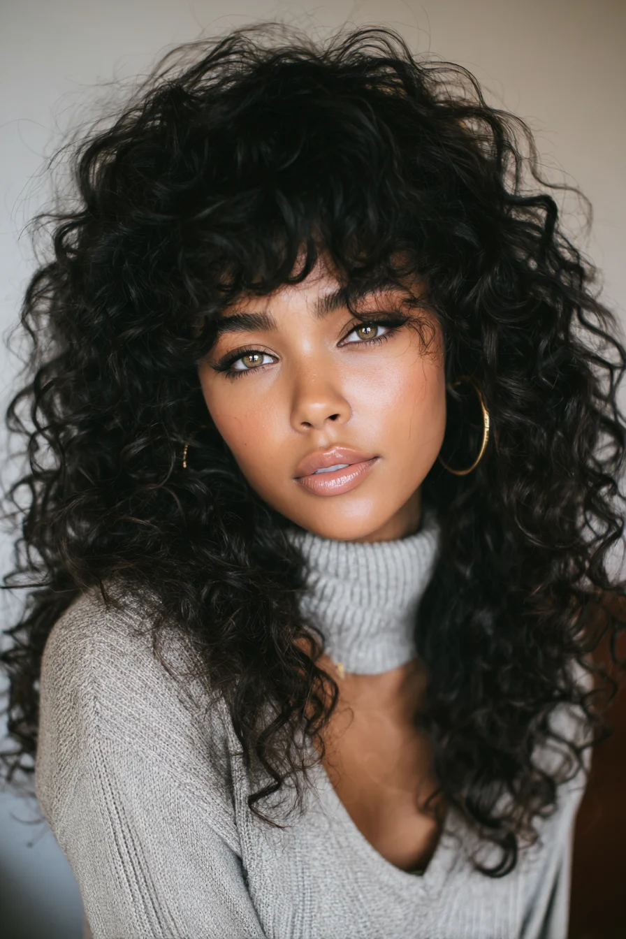 Long Layered Curly Shag with Textured Wispy Bangs