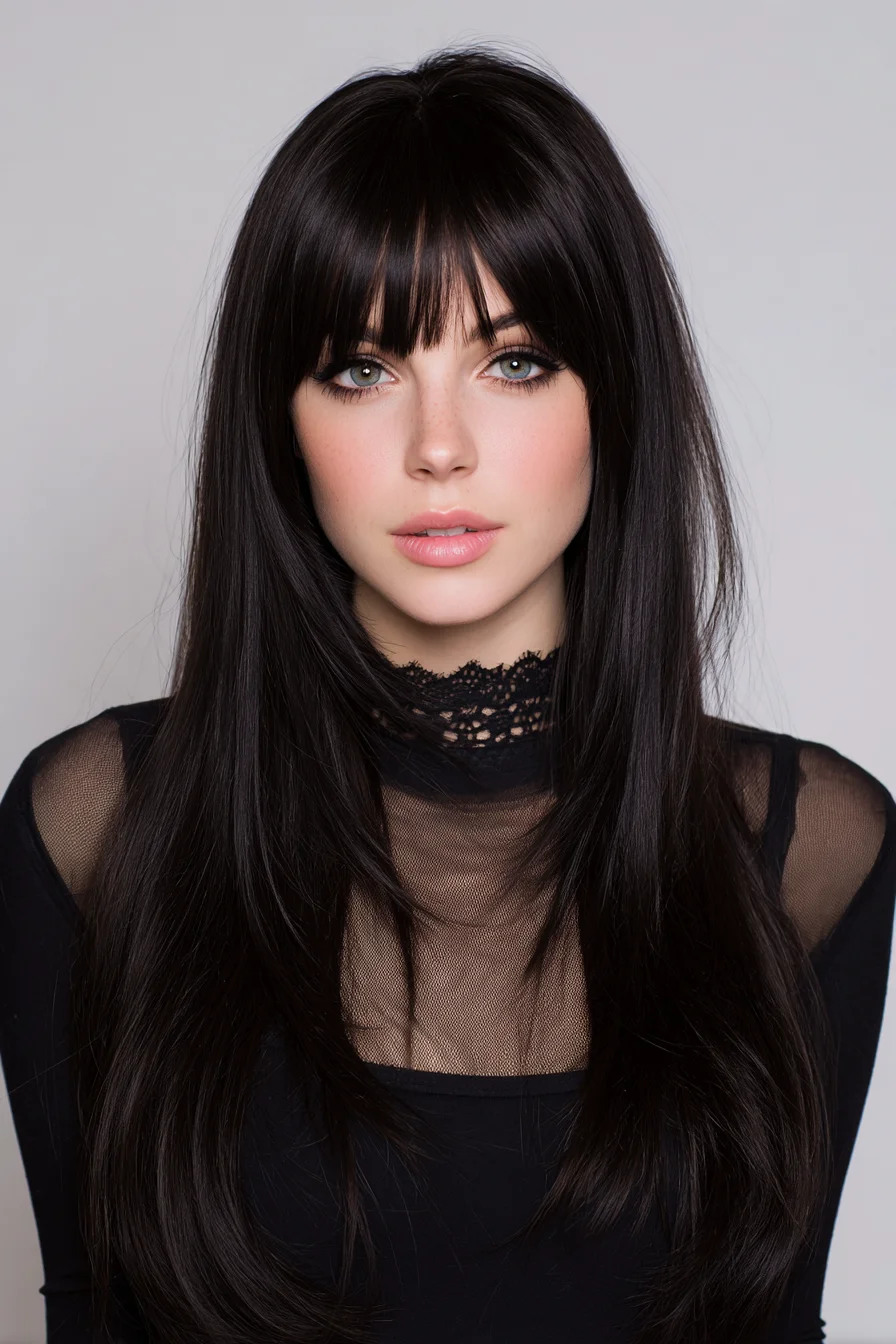 Long Layered Cut with Blunt Fringe for Sleek Straight Hair