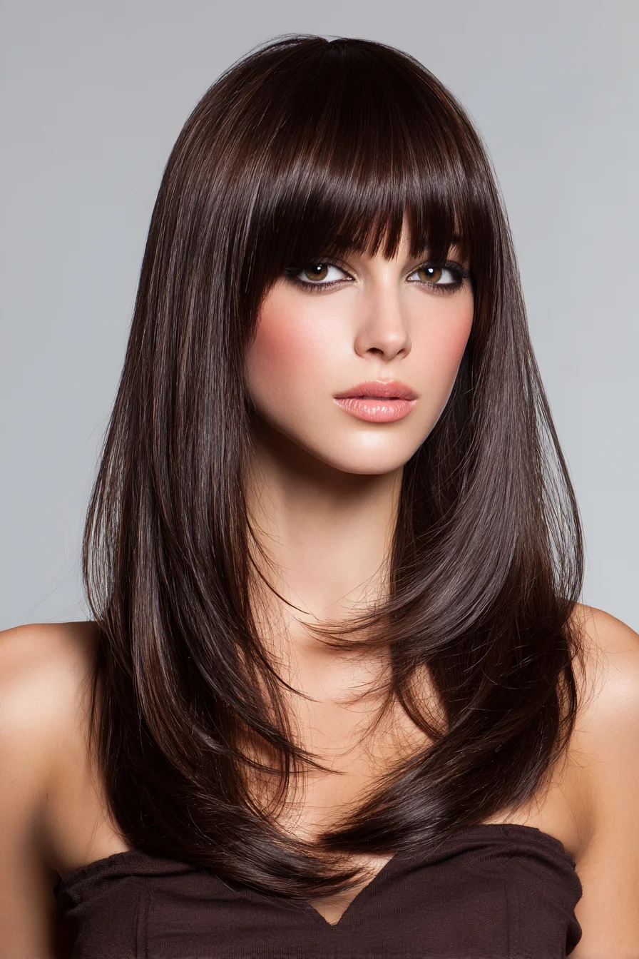 Long Layered Cut with Blunt Fringe — Sleek Straight Finish