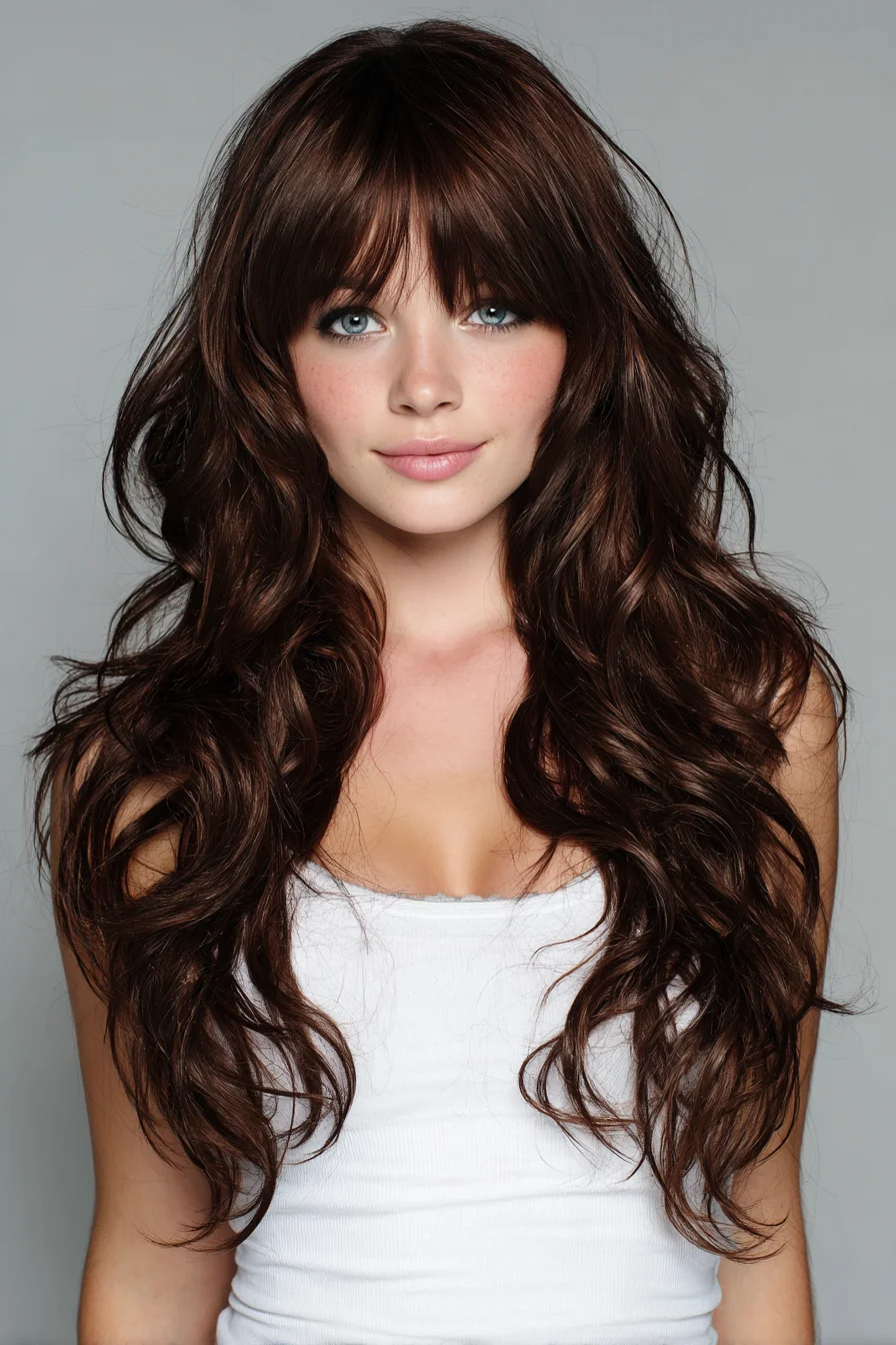 Long Layered Cut with Curtain Bangs and Loose Beach Waves