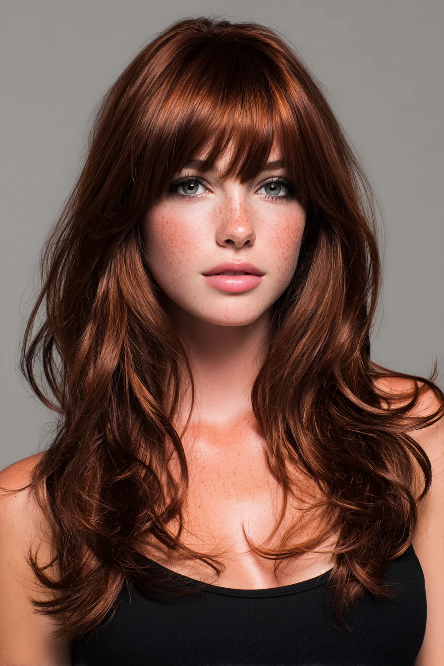 Long Layered Cut with Curtain Bangs — Soft Copper Waves