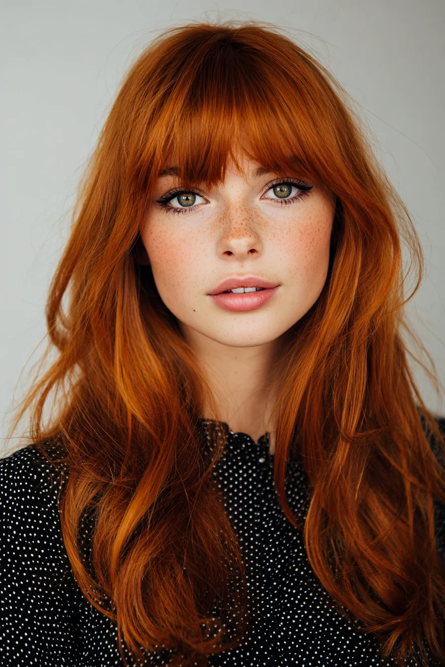 Long Layered Cut with Full Blunt Bangs and Soft Waves