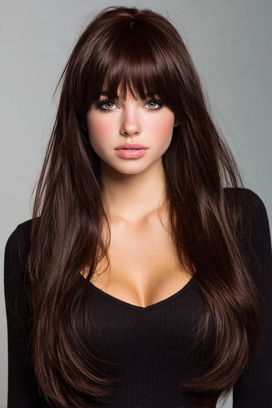 Long Layered Cut with Full Blunt Fringe — Sleek Chocolate Brown