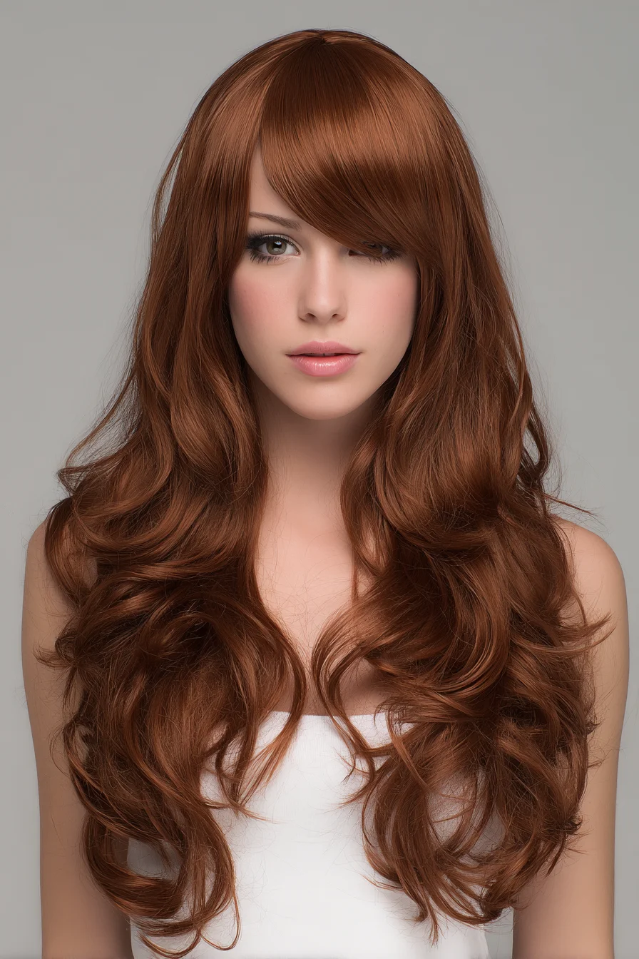 Long Layered Cut with Side‑Swept Bangs and Soft Beachy Waves