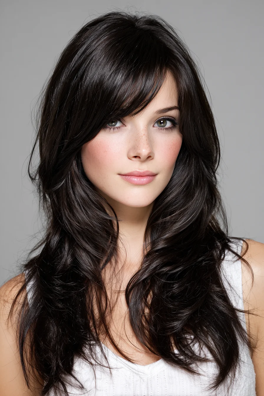 Long Layered Cut with Side‑Swept Bangs and Soft Waves