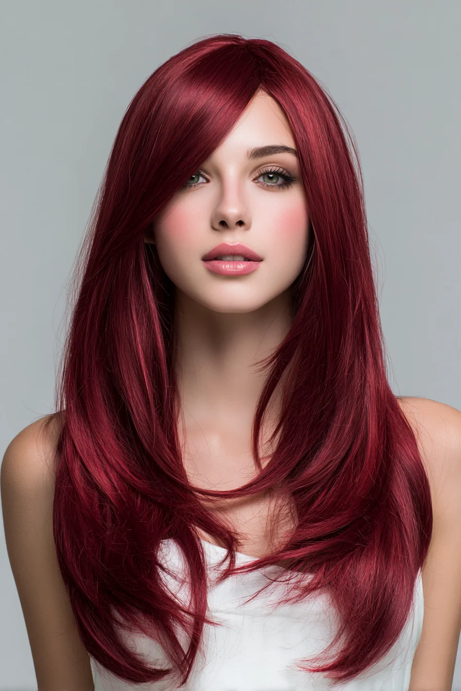 Long Layered Cut with Side-Swept Fringe in Rich Burgundy
