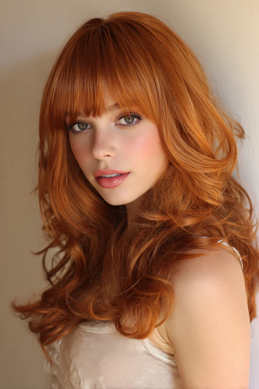 Long Layered Cut with Soft Curtain Bangs and Voluminous Waves