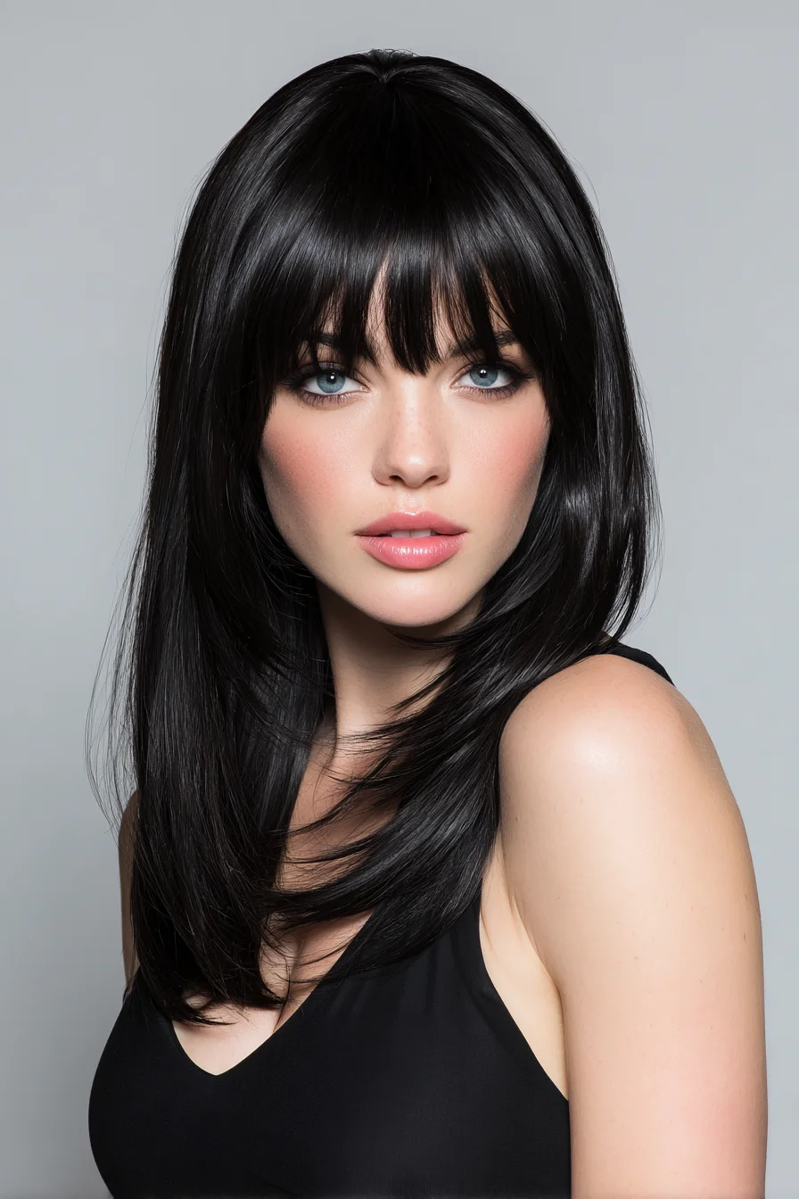 Long Layered Cut with Wispy Blunt Fringe — Sleek Face‑Framing Layers