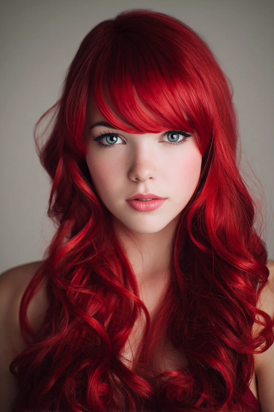 Long Layered Fiery Red Hair with Soft Curtain Bangs and Loose Waves