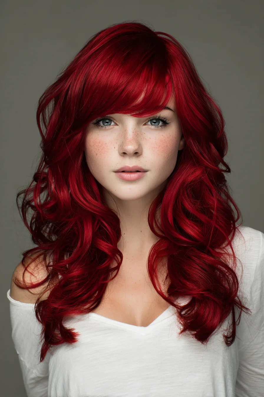 Long Layered Fiery Red Waves with Curtain Bangs