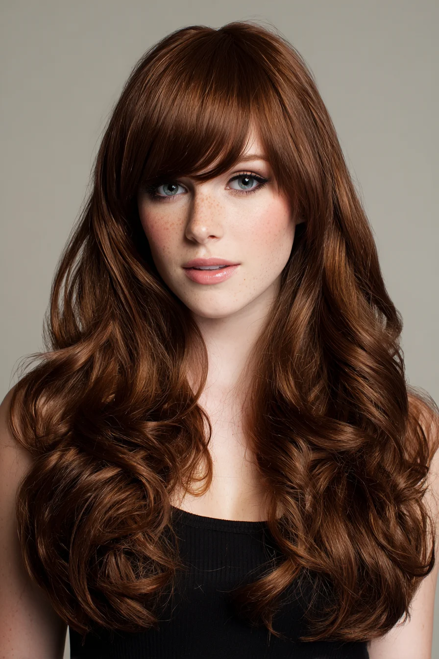 Long Layered Hair with Side-Swept Bangs and Soft Salon Waves