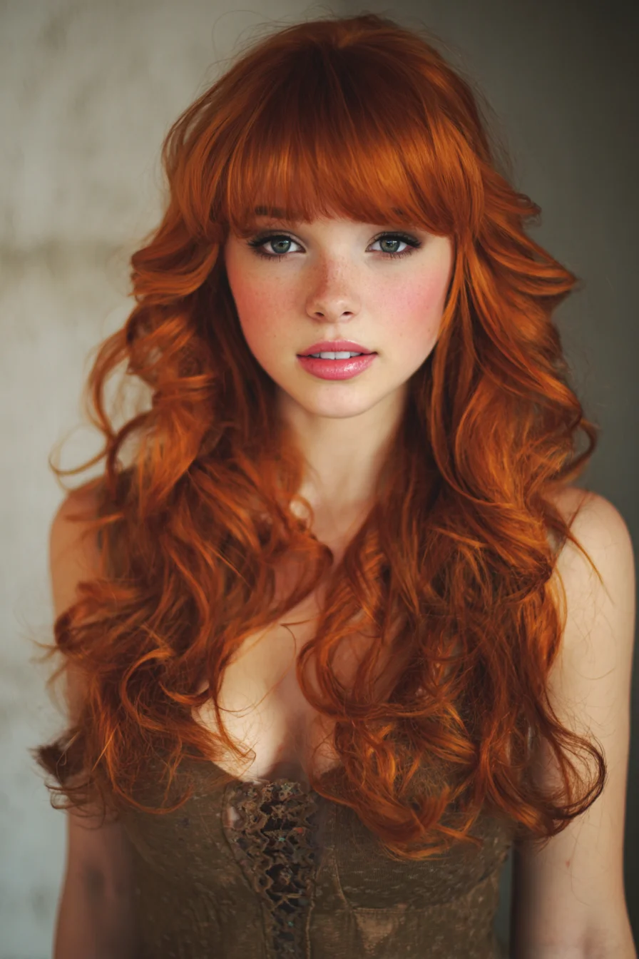 Long Layered Red Hair with Blunt Fringe and Loose Waves