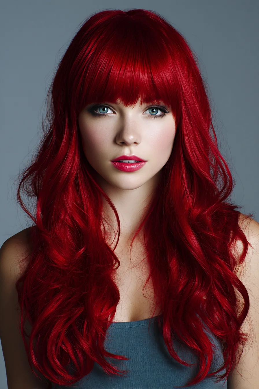 Long Layered Red Hair with Blunt Fringe and Soft Waves