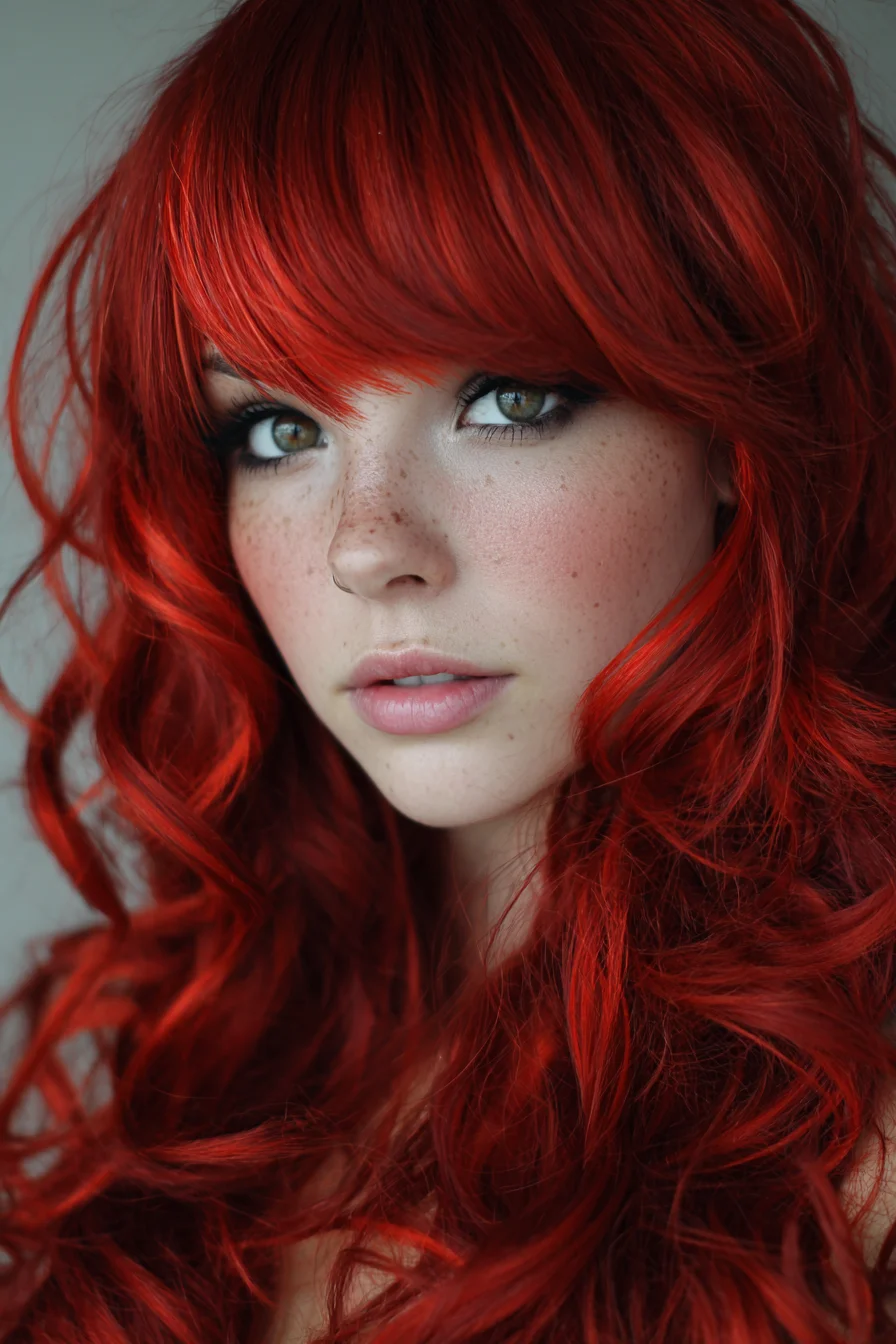 Long Layered Red Hair with Curtain Bangs and Loose Voluminous Waves