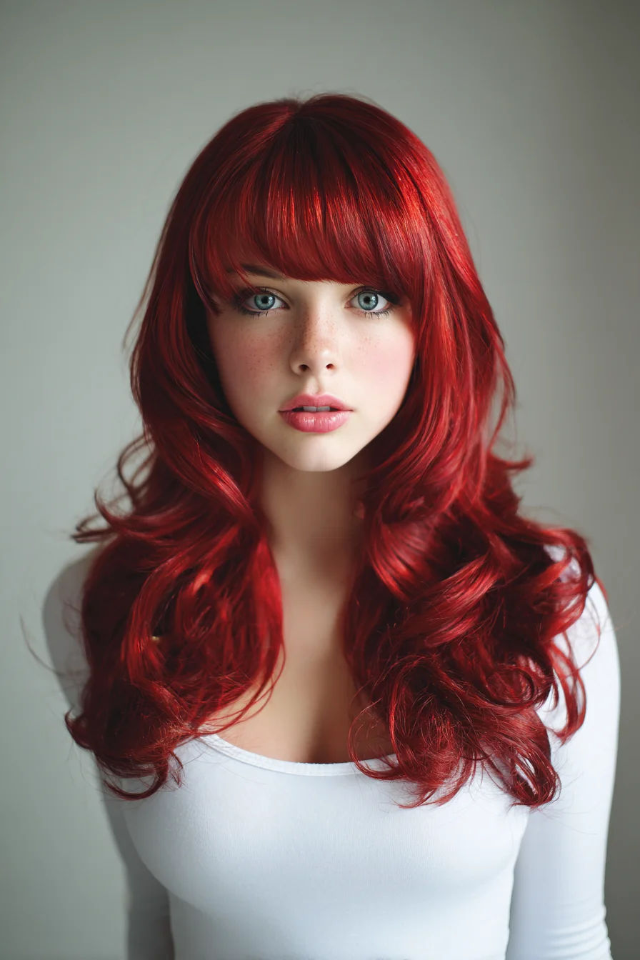 Long Layered Red Hair with Full Fringe and Loose Salon Curls