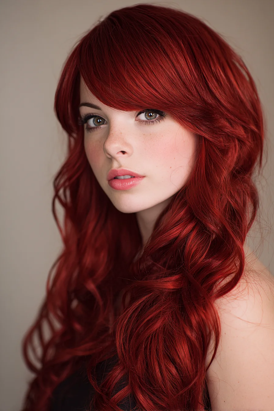 Long Layered Red Hair with Side‑Swept Bangs and Soft Waves