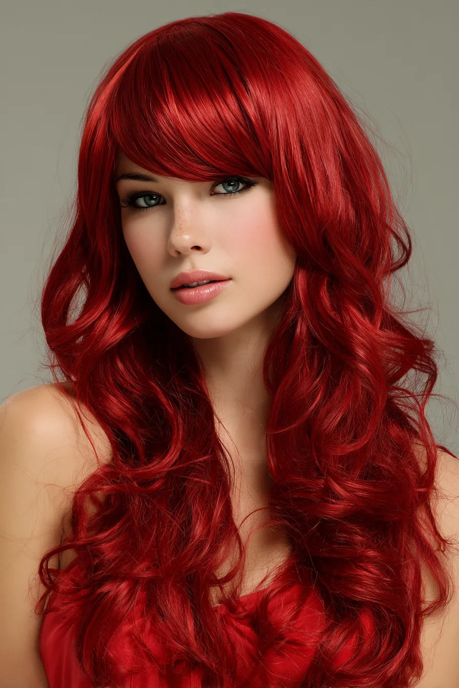 Long Layered Red Hair with Side-Swept Fringe and Loose Waves