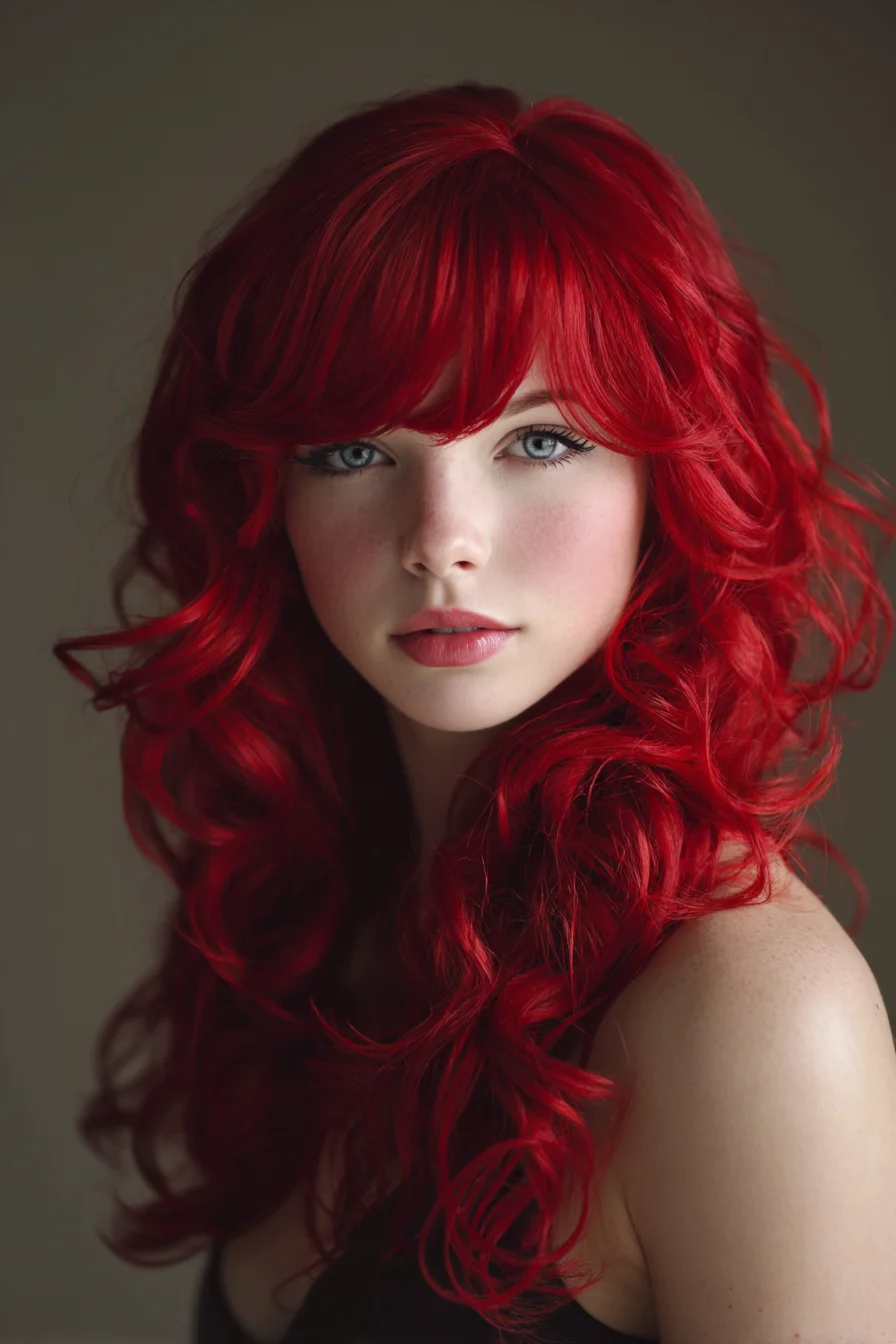 Long Layered Red Waves with Curtain Bangs — Voluminous Salon Curl Style