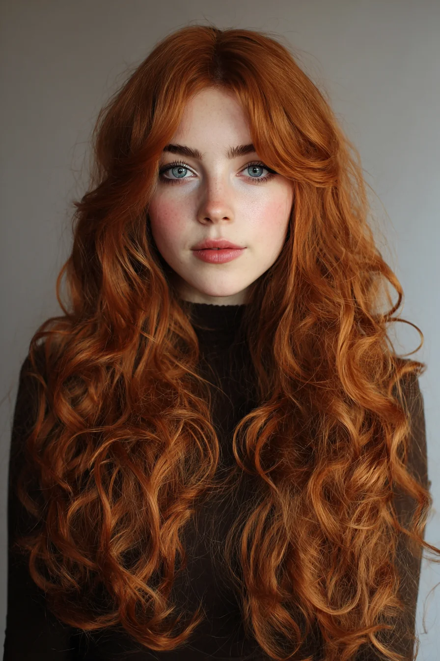 Long Layered Red Waves with Face‑Framing Curtain Bangs