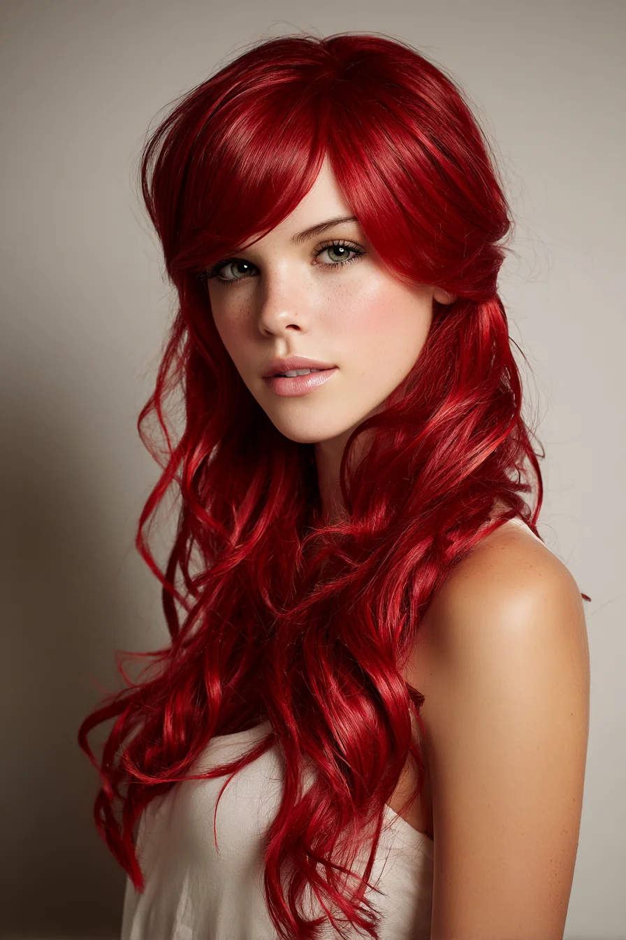 Long Layered Red Waves with Side-Swept Bangs