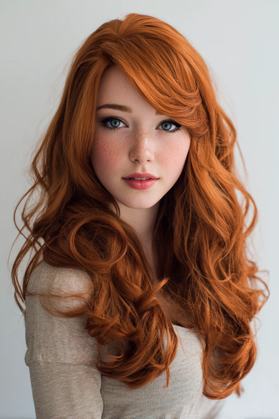 Long Layered Red Waves with Side-Swept Fringe — Voluminous Salon Blowout