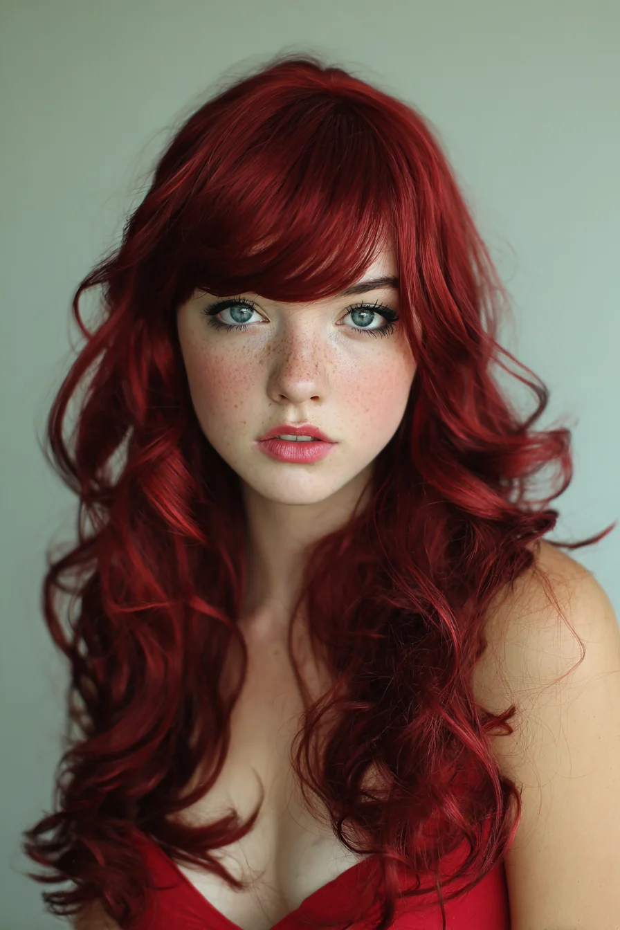 Long Layered Red Waves with Side-Swept Fringe