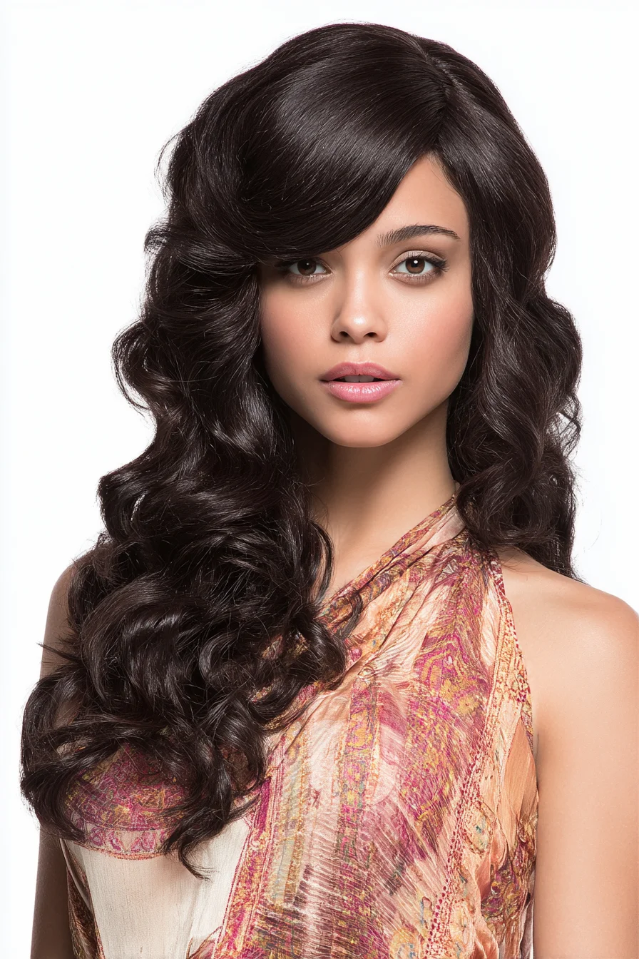 Long layered side‑swept waves with curtain fringe — voluminous salon blowout