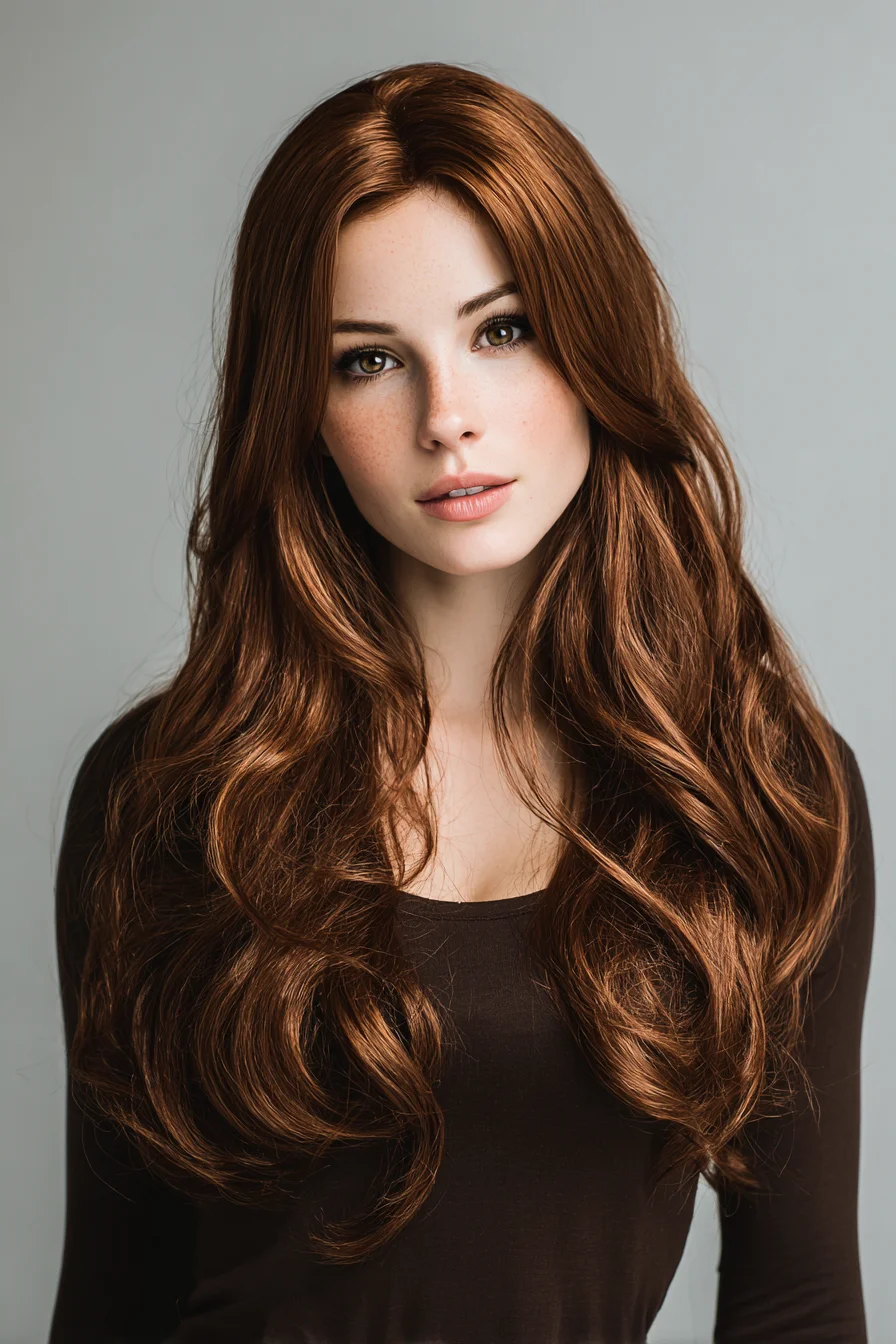 Long Layered Soft Waves with Center Part — Voluminous Copper Shine