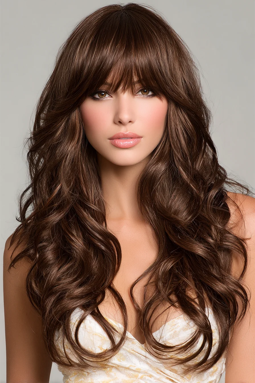 Long Layered Soft Waves with Curtain Bangs — Chocolate Brown Texture