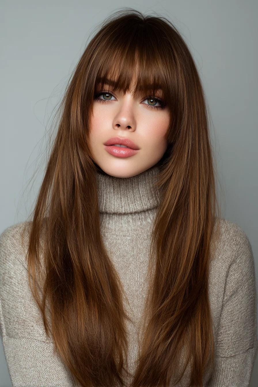 Long Layered Straight Hair with Full Blunt Fringe