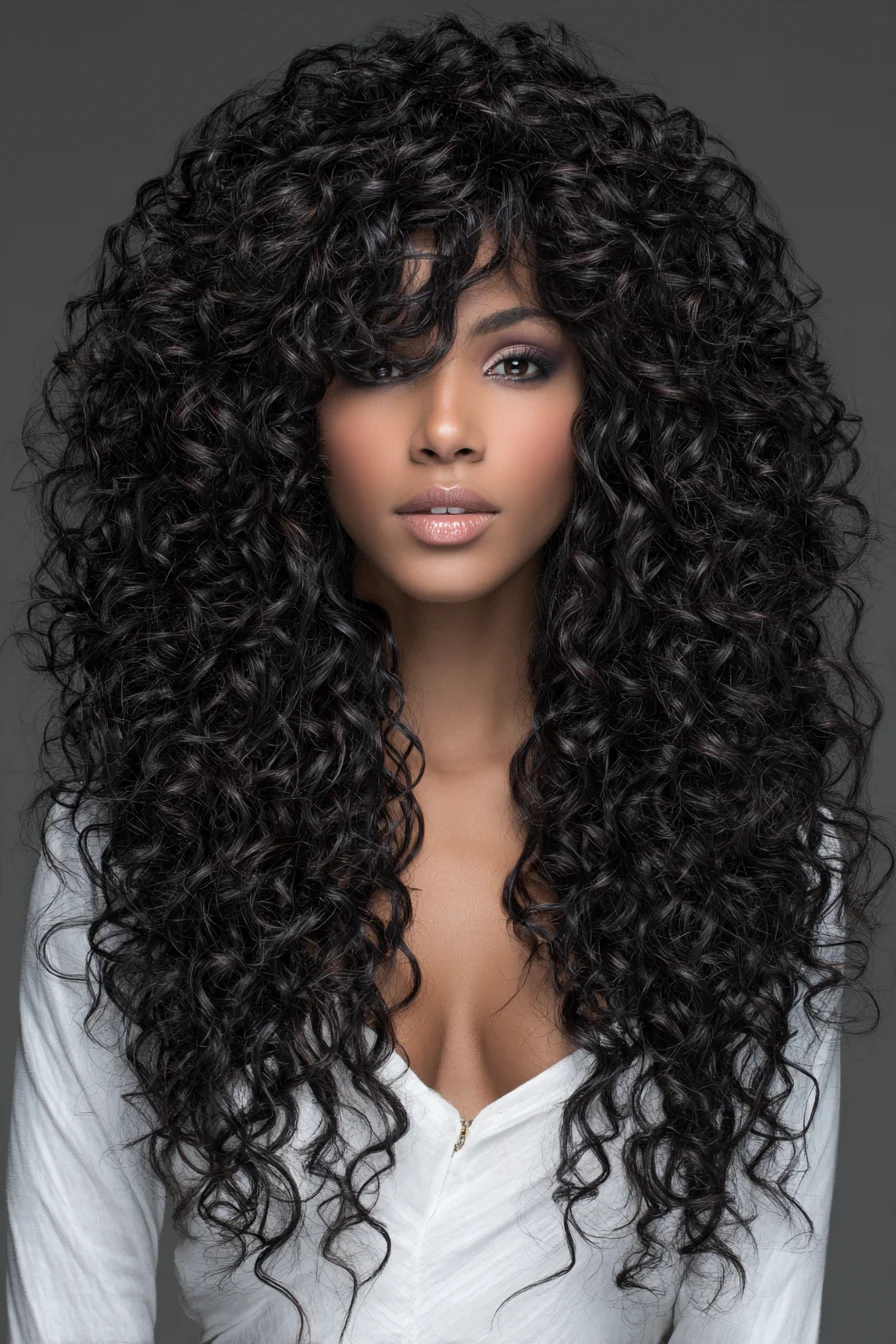 Long Layered Tight Curls with Face‑Framing Fringe