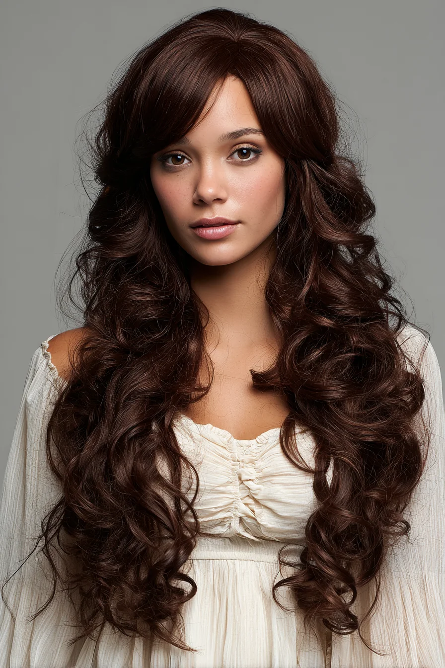 Long Layered Voluminous Curls with Soft Curtain Bangs