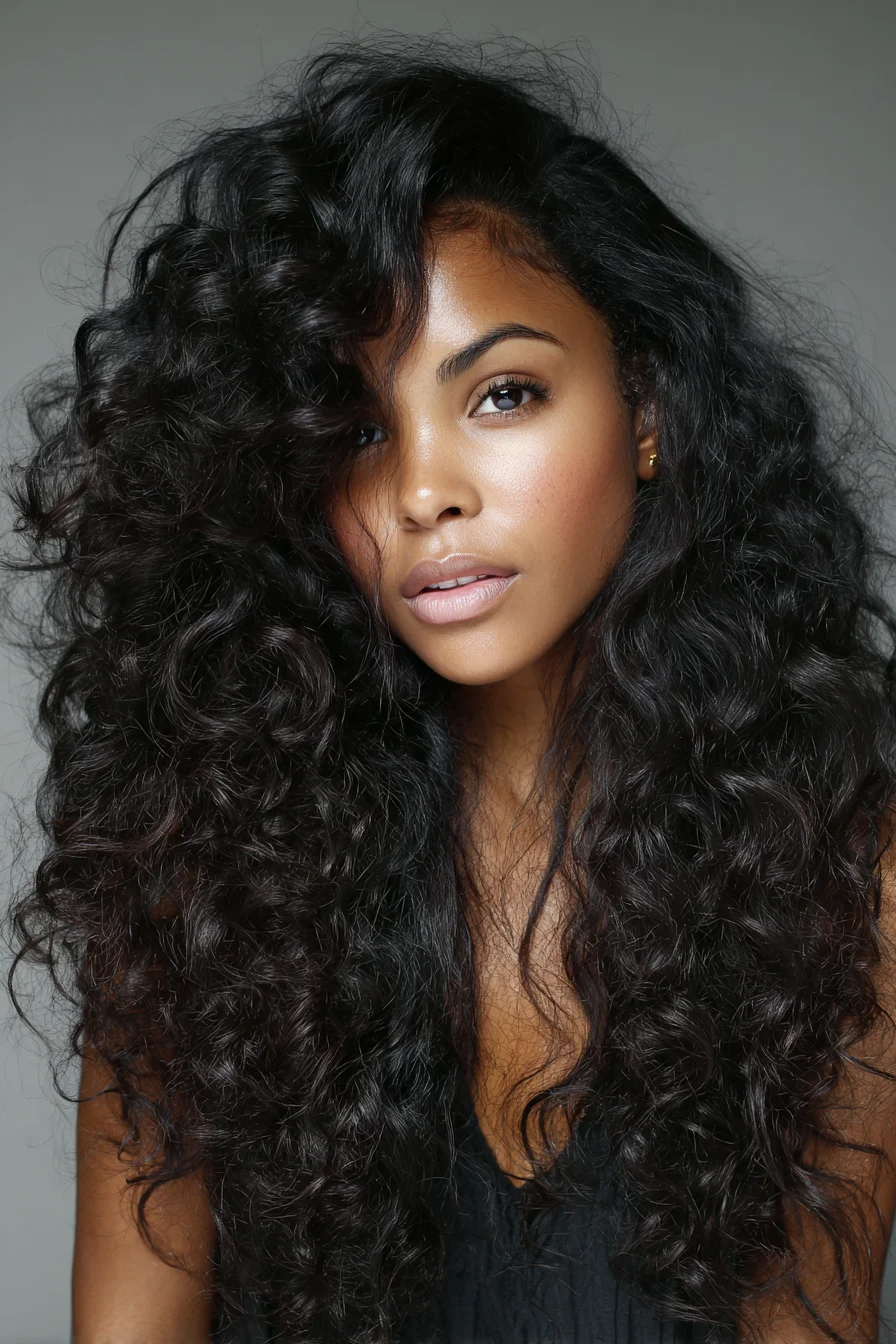 Long Layered Voluminous Natural Curls — Side‑Swept Deep Part