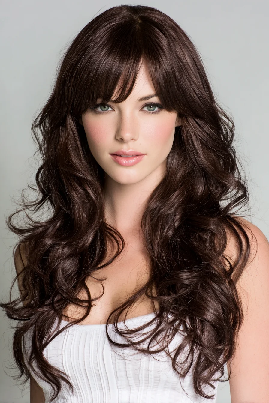 Long Layered Voluminous Waves with Curtain Bangs