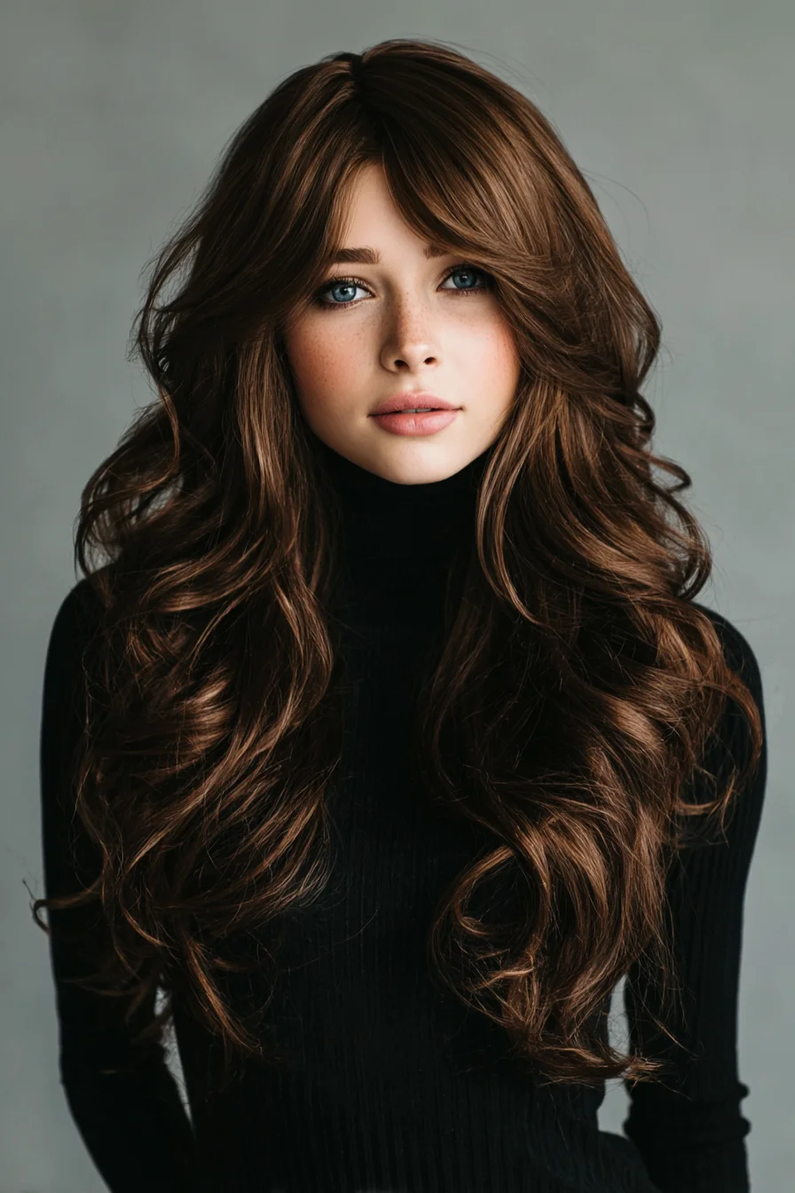 Long Layered Voluminous Waves with Soft Curtain Bangs