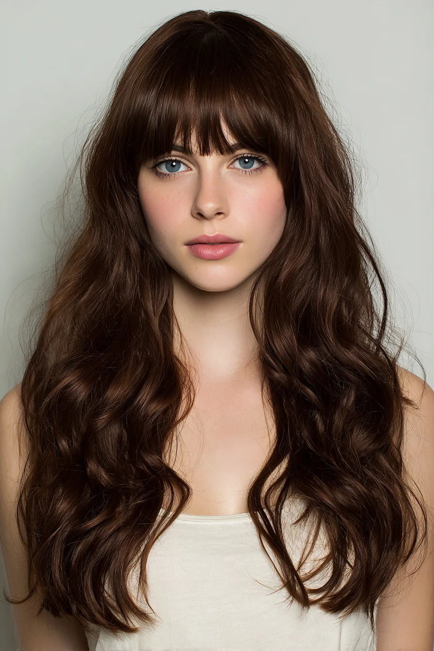 Long Layered Waves with Blunt Curtain Fringe — Soft Brown Texture