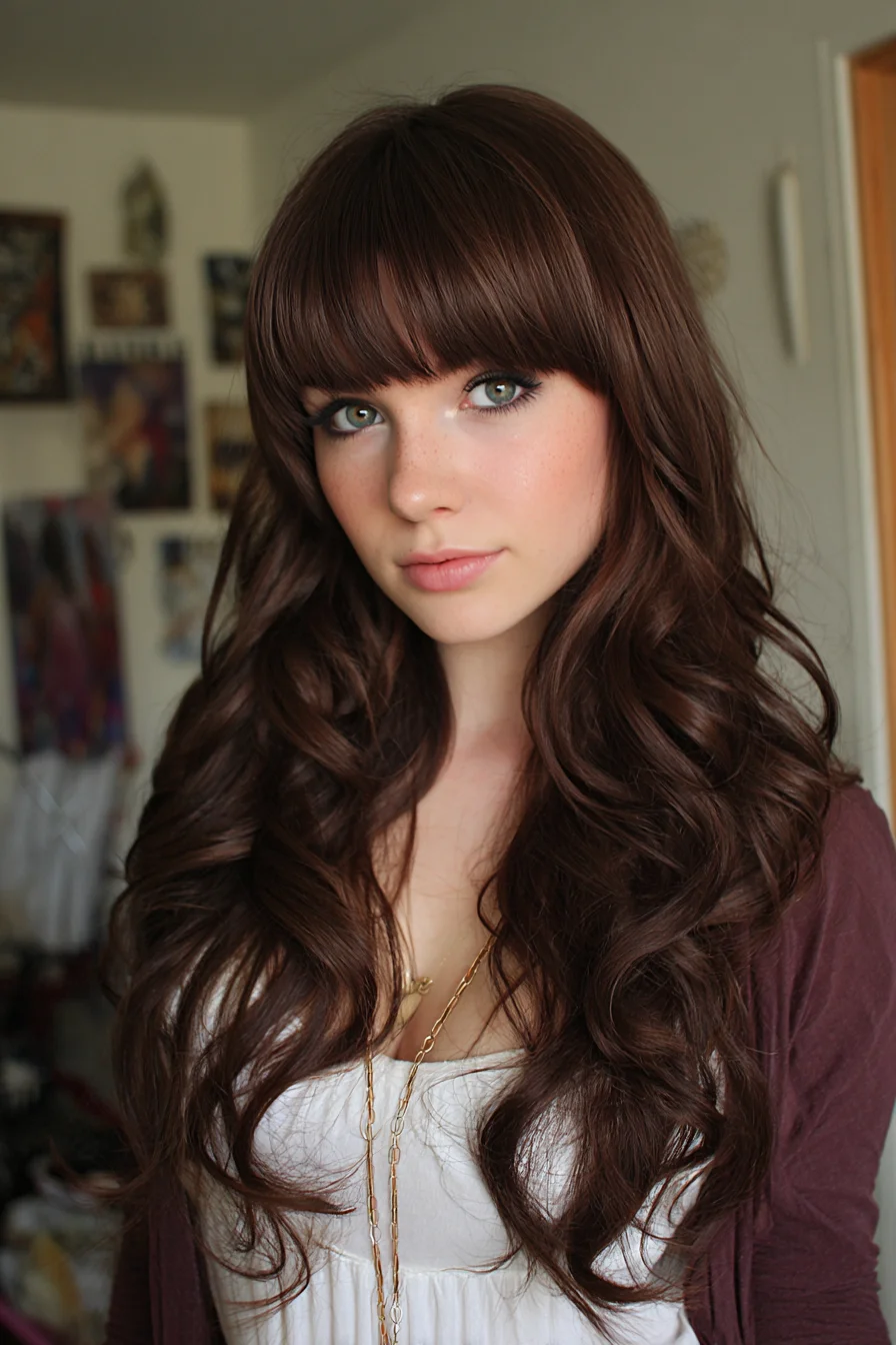 Long Layered Waves with Blunt Fringe — Soft Chestnut Curls