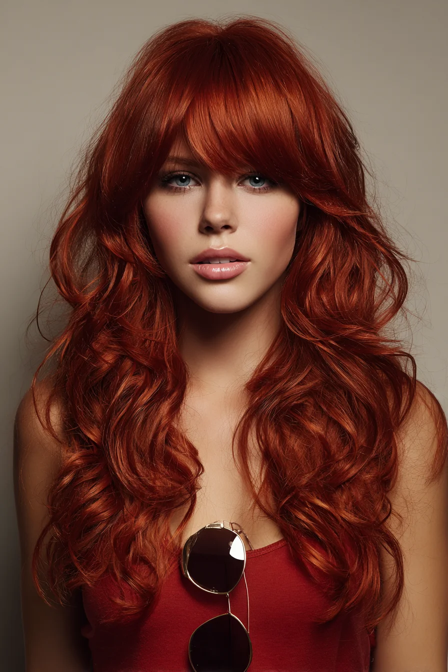 Long Layered Waves with Curtain Bangs — Copper Red, Face‑Framing Cut