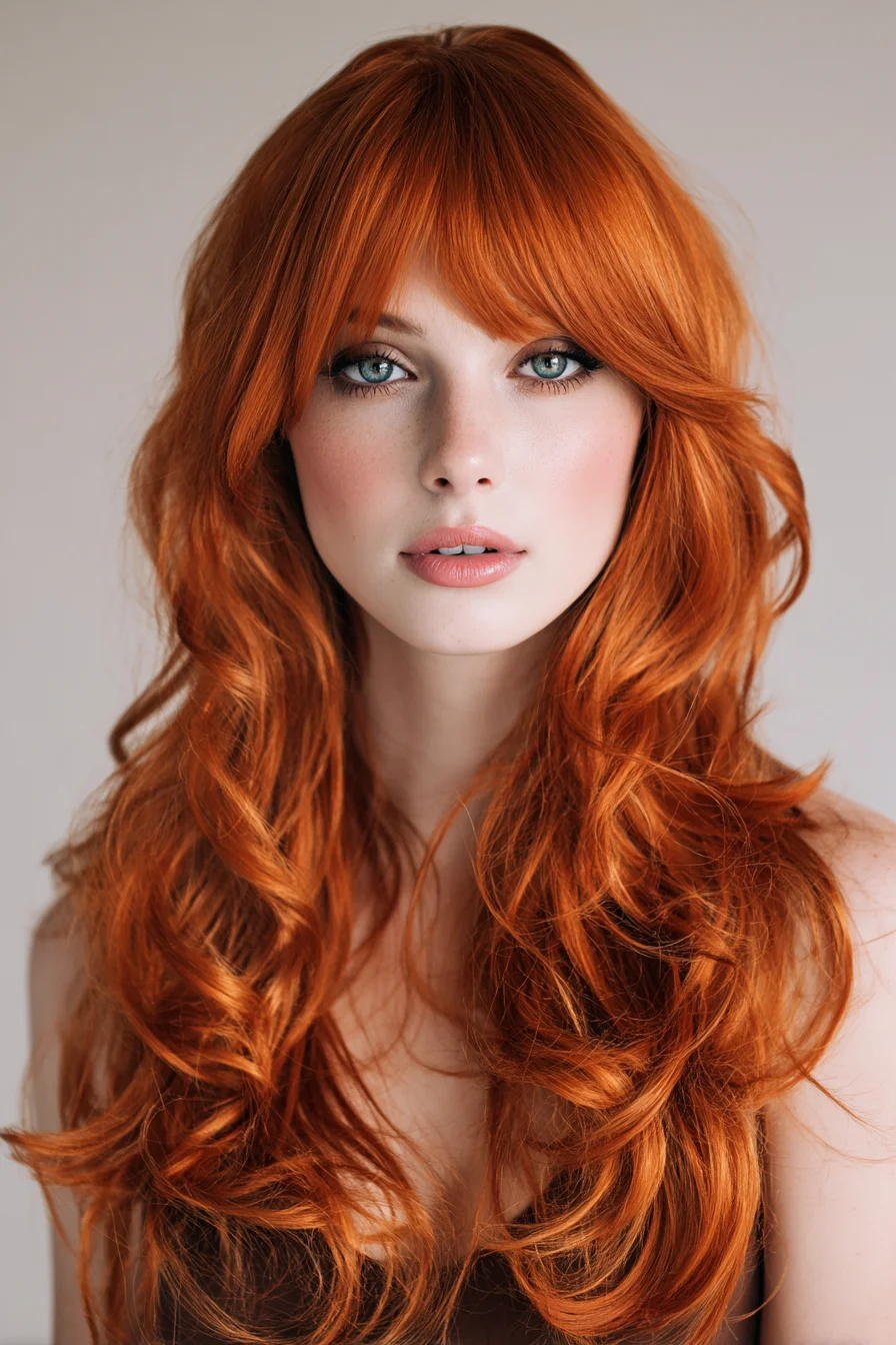 Long Layered Waves with Curtain Bangs - Soft Face‑Framing Red Hairstyle