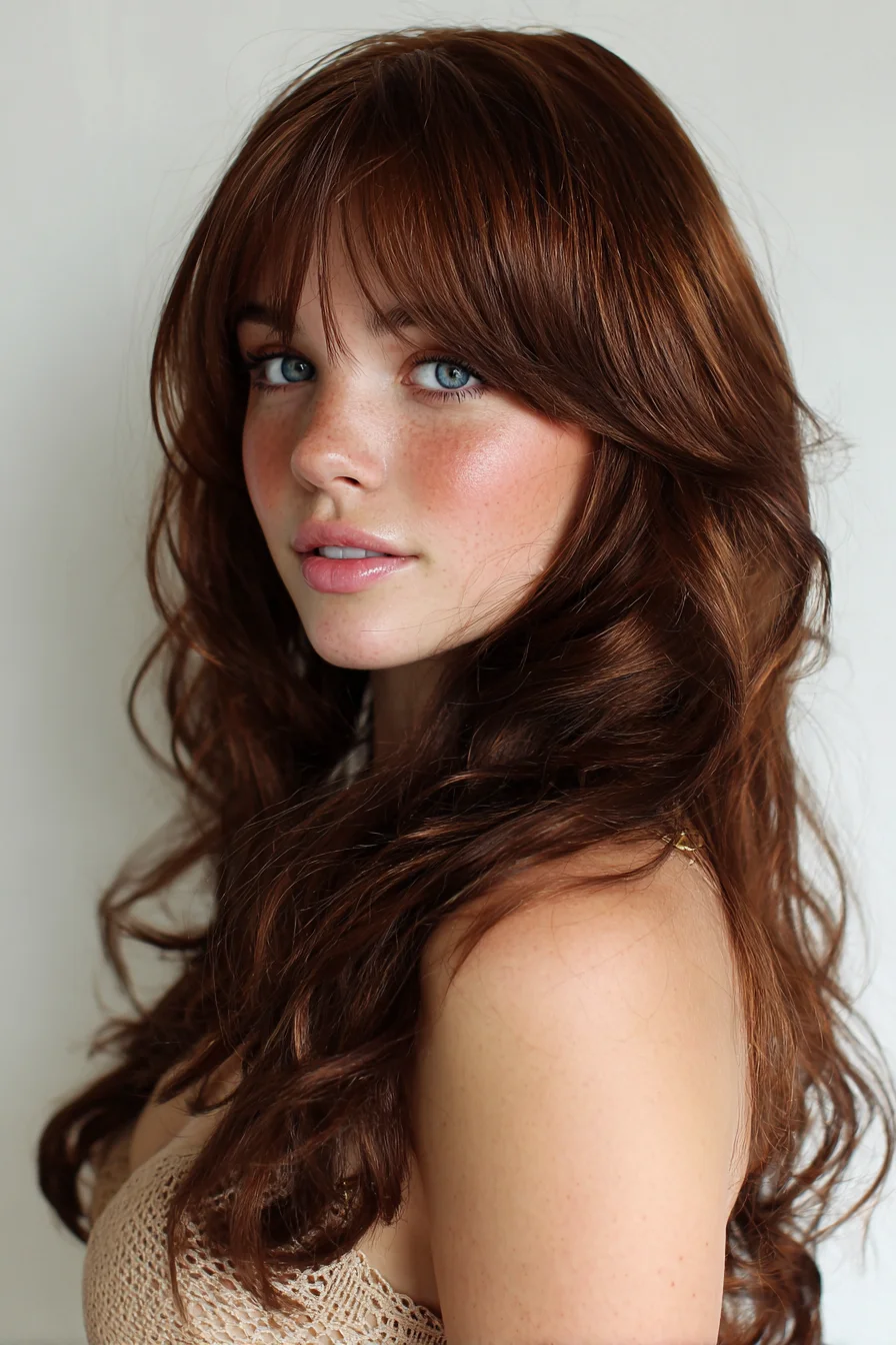 Long Layered Waves with Curtain Bangs