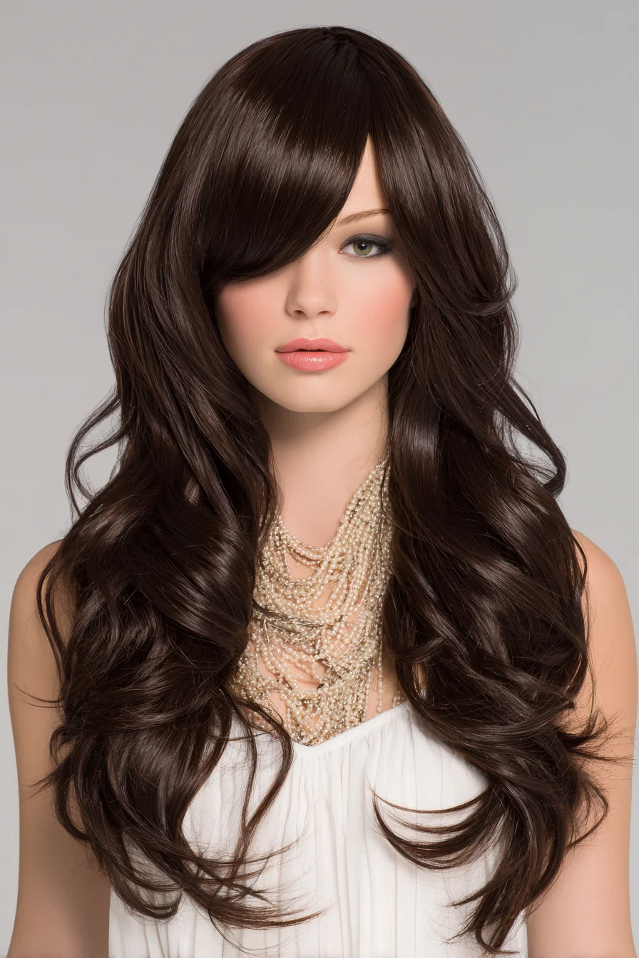 Long Layered Waves with Deep Side-Swept Bangs