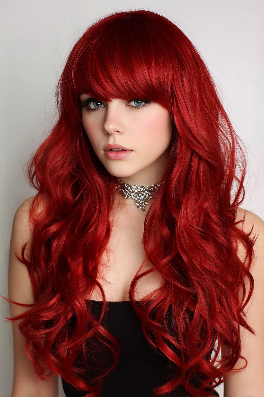 Long Layered Waves with Full Blunt Bangs — Voluminous Red Style