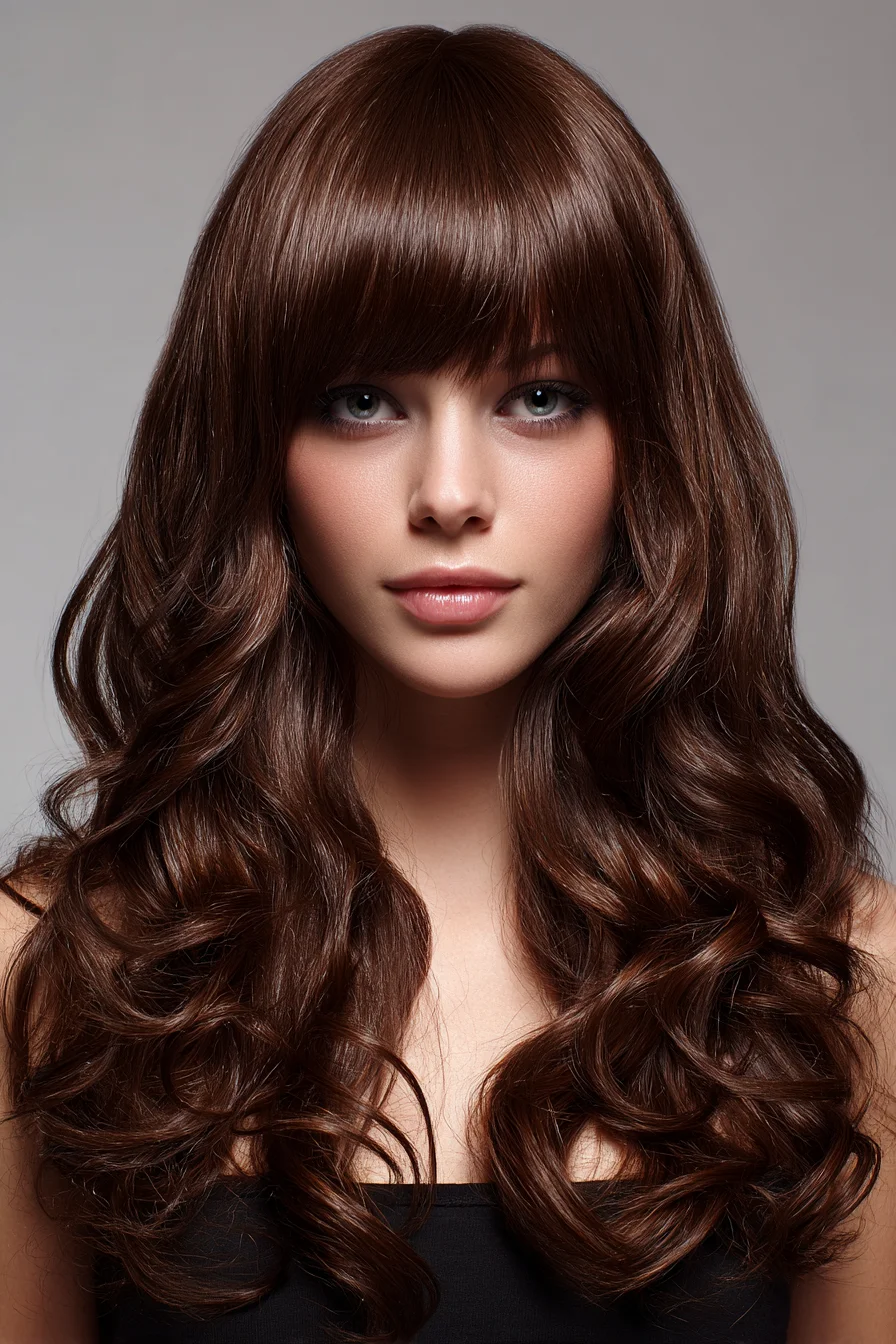 Long Layered Waves with Full Blunt Bangs