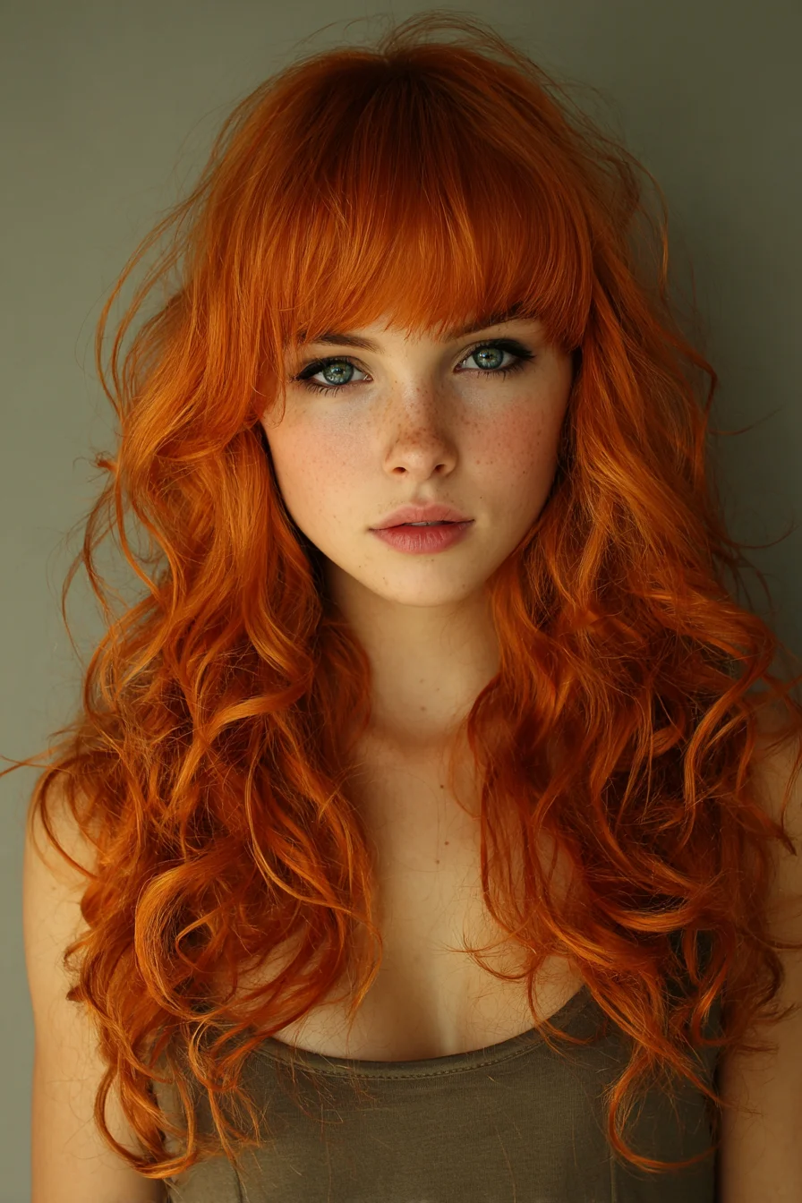 Long Layered Waves with Full Fringe — Voluminous Red Wavy Hairstyle