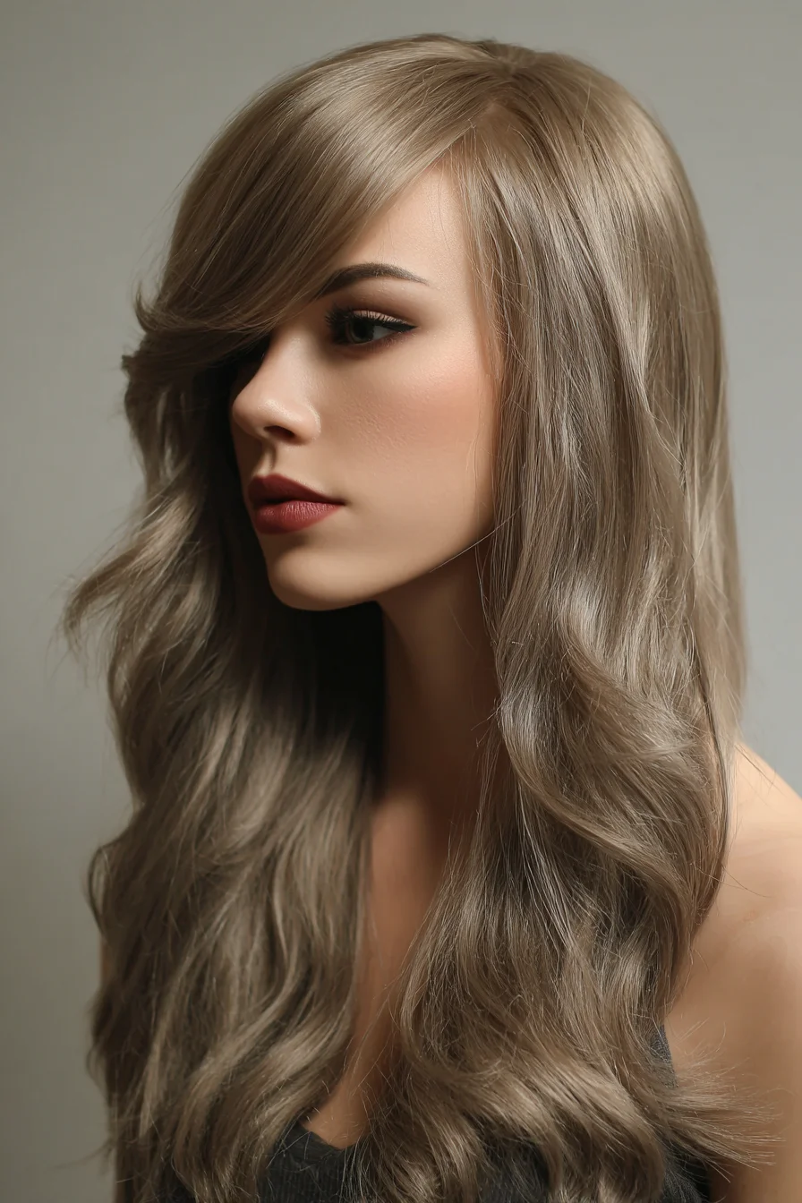 Long Layered Waves with Side-Swept Bangs — Ash-Blonde/Neutral Tone